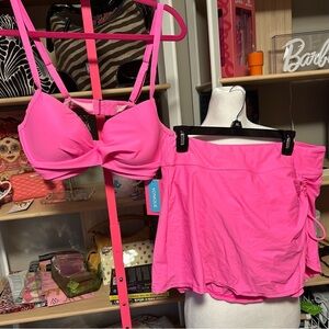 Yonique Pink Bikini Top and Skirt bottom. Size XL NWT